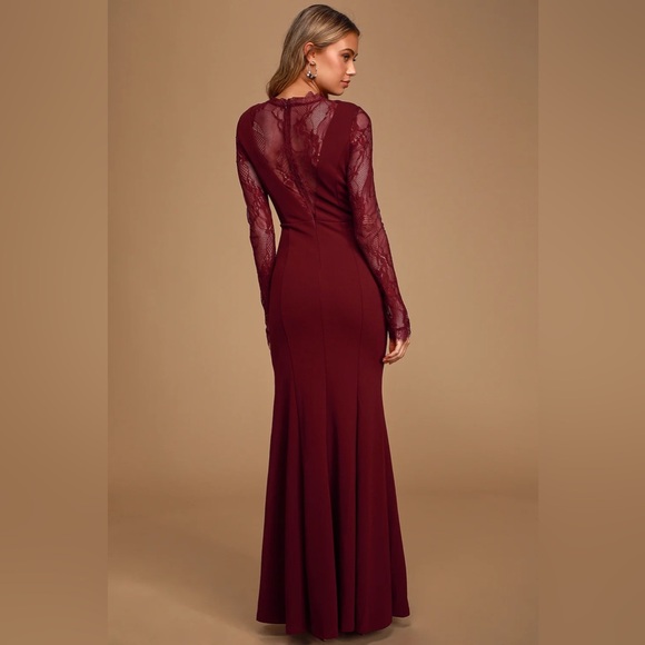 š·Lulus Lovely Ever After Burgundy Lace Long Sleeve Mermaid Maxi Dress, S - Picture 5 of 8